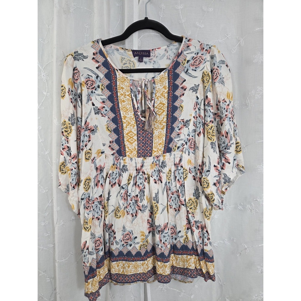 Artesia Floral Print Tunic 3/4 Sleeve Front Tie Neckline Ruched Waist Large